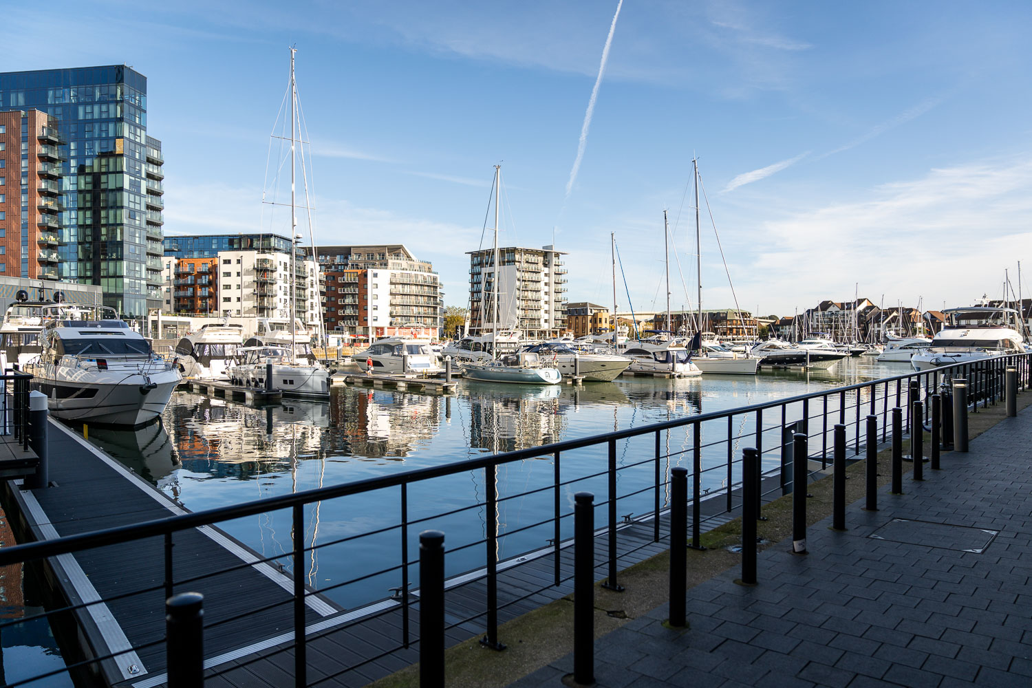 Marina view with boats and buildings by Southampton wedding photographer John Watson