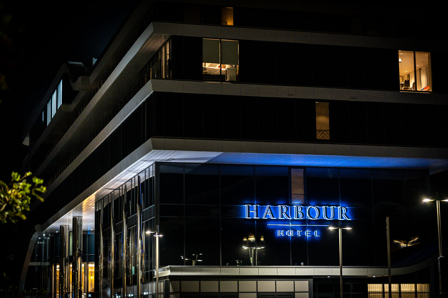 Modern Harbour Hotel at night by Southampton wedding photographer John Watson